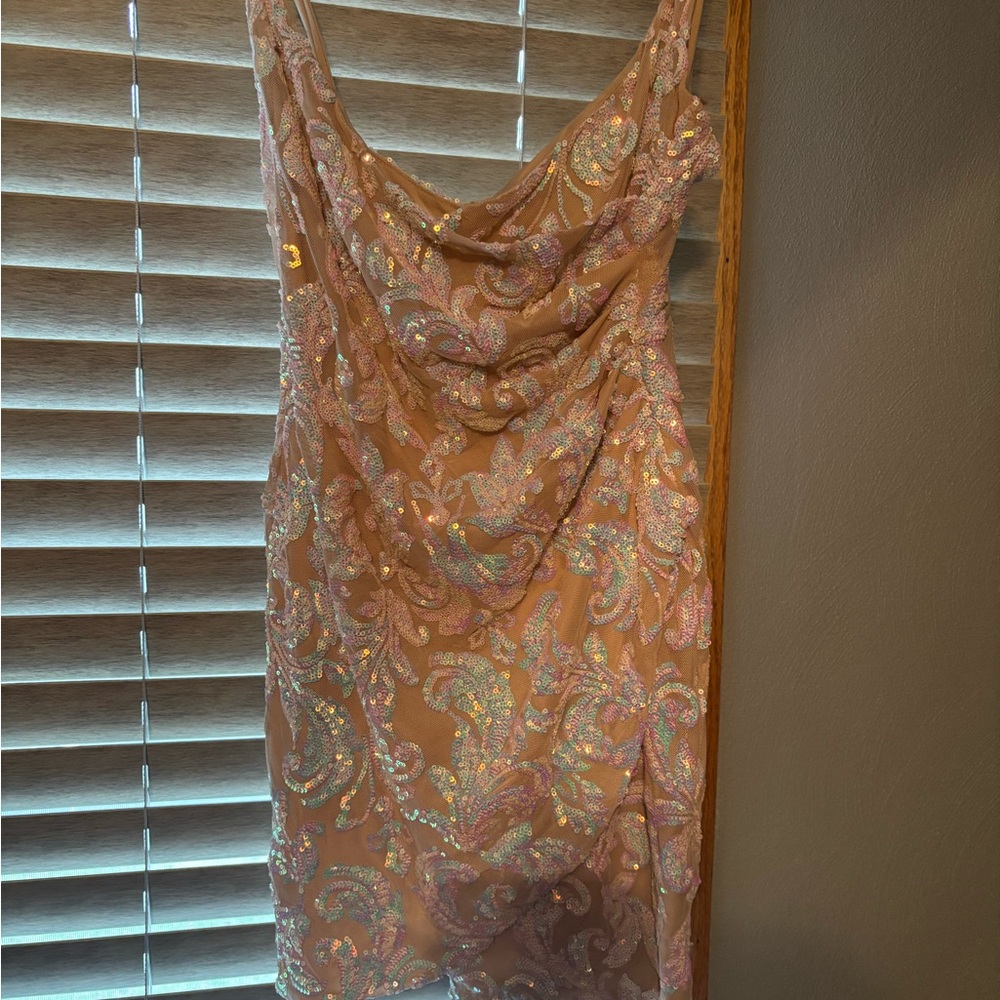 Elegant Sequin Embellished Dress - Tan